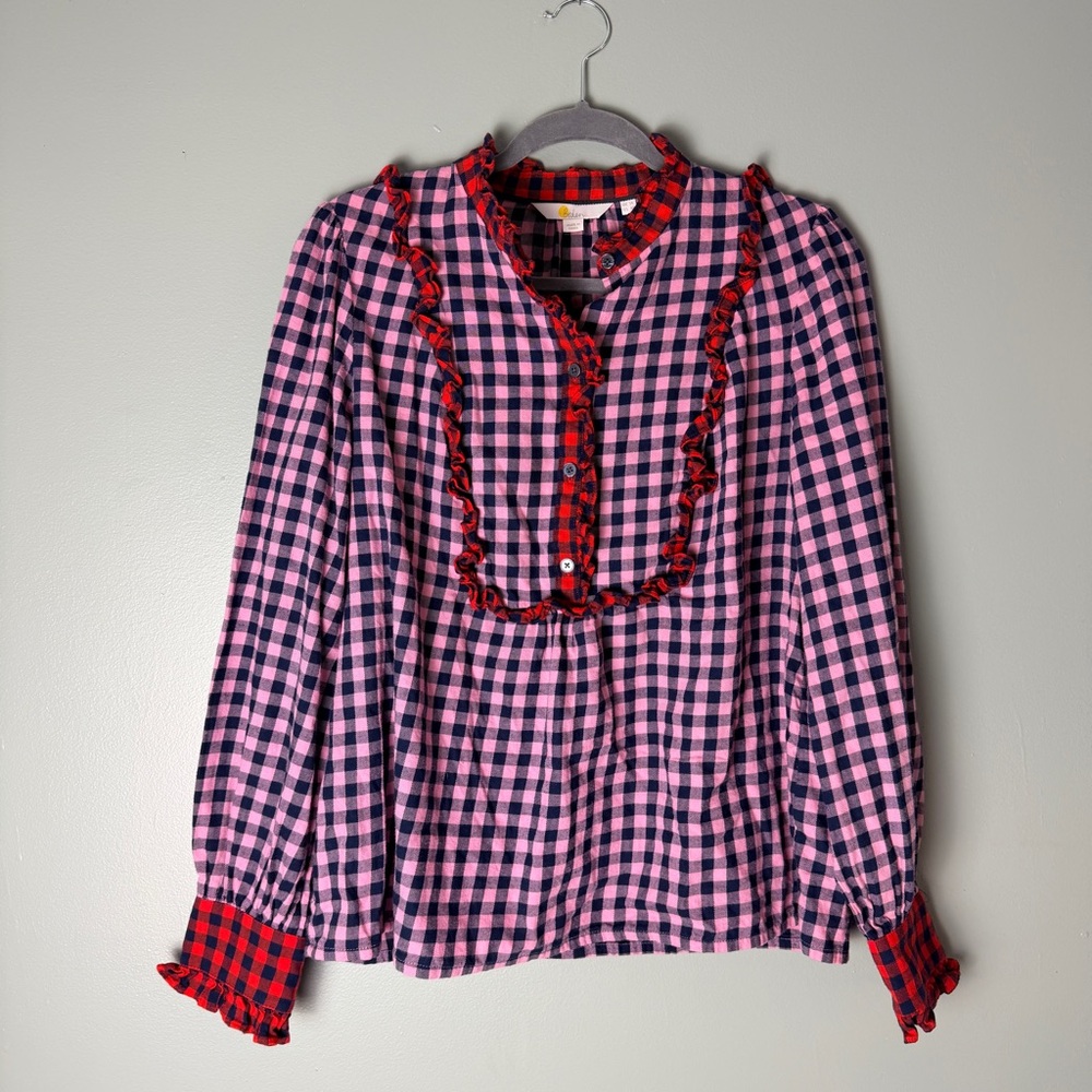 Boden Isla Frill Detail Pink and Black Plaid Cotton Flannel Button Up Shirt - Picture 5 of 10